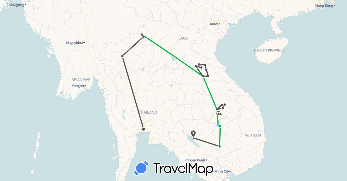 TravelMap itinerary: driving, bus, boat, motorbike in Cambodia, Laos, Thailand (Asia)