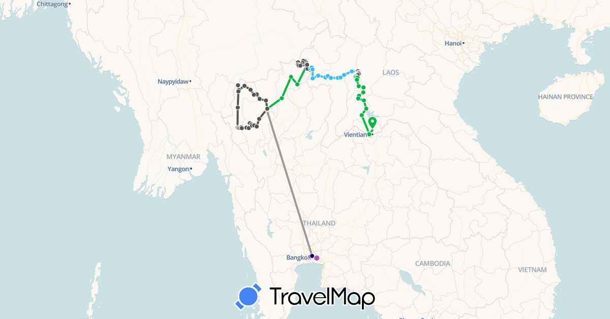 TravelMap itinerary: driving, bus, plane, train, boat, motorbike in Laos, Thailand (Asia)